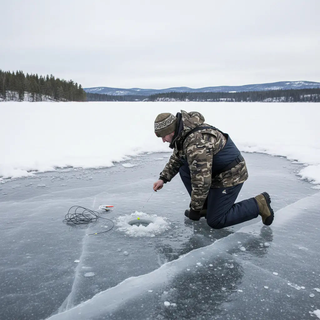 Angler kneeling on ice wearing thermal bibs