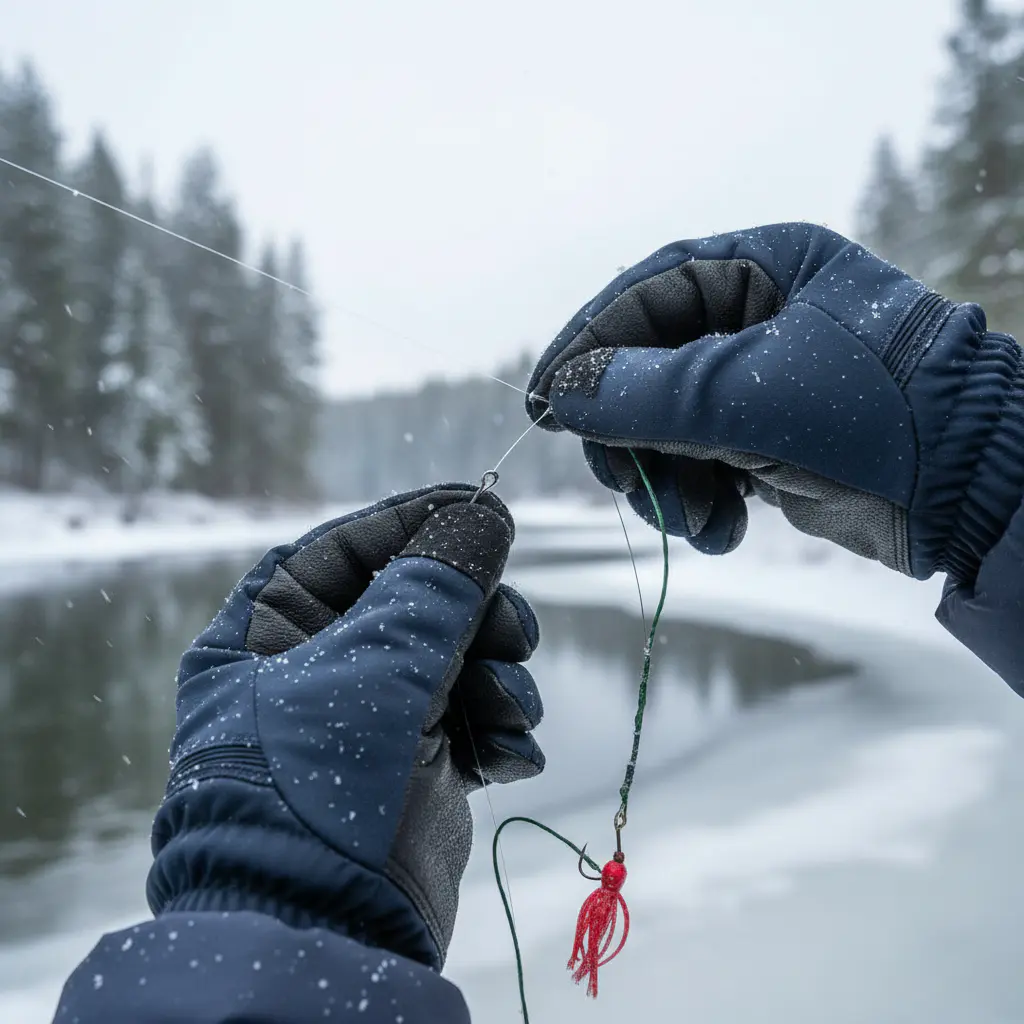 Hands tying a knot in snowy conditions