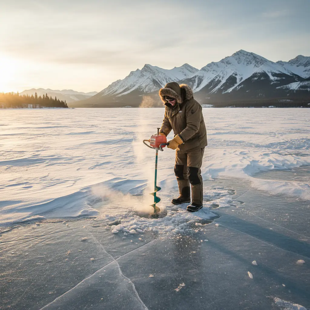 Ice fisherman in extreme winter conditions