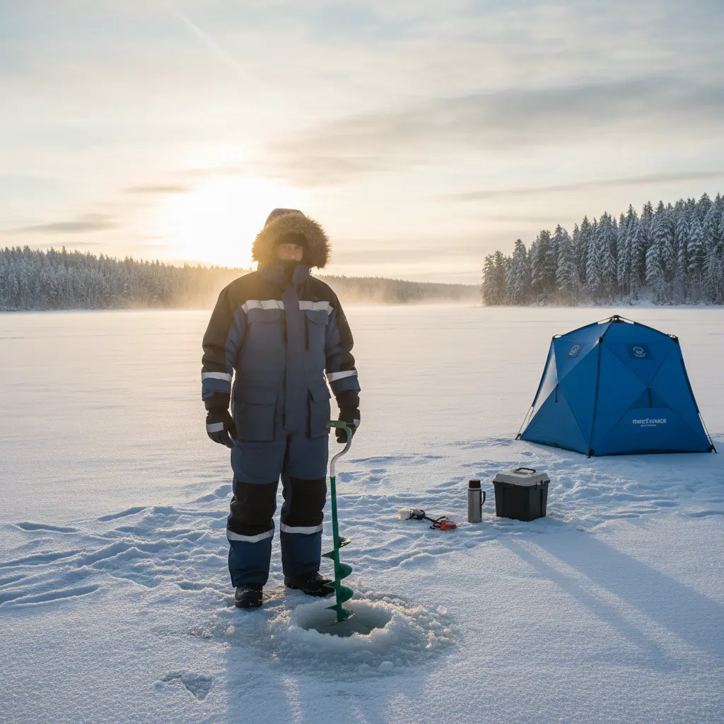 Fisherman in full winter gear on frozen lake